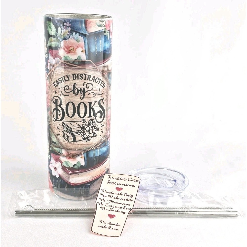 Easily Distracted By Books 20oz Stainless Steel Skinny Tumbler‎ Kids Adult Gift
